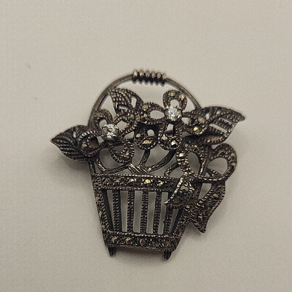 Silver Floral Basket Brooch with Marcasite Accents